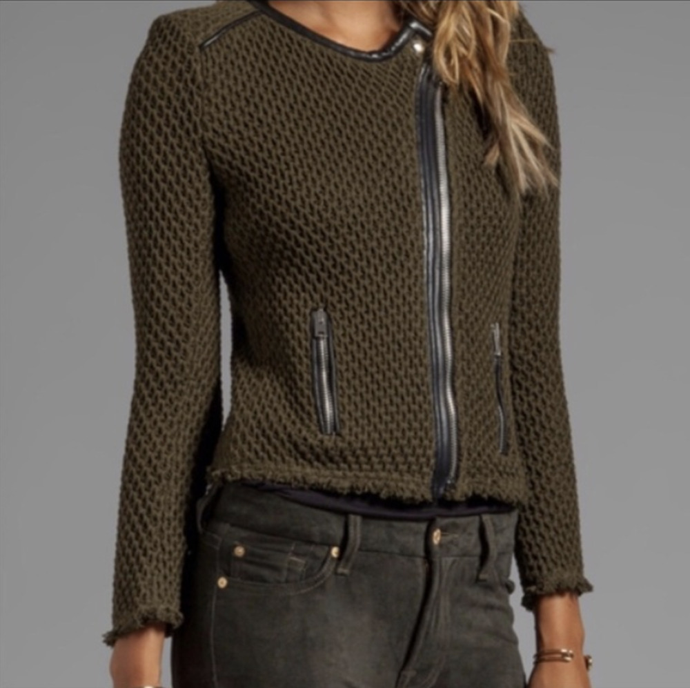 IRO Miali Jacket Chunky Knit Moto Lamb Leather Trim Kaki Green Zip Size 0 New